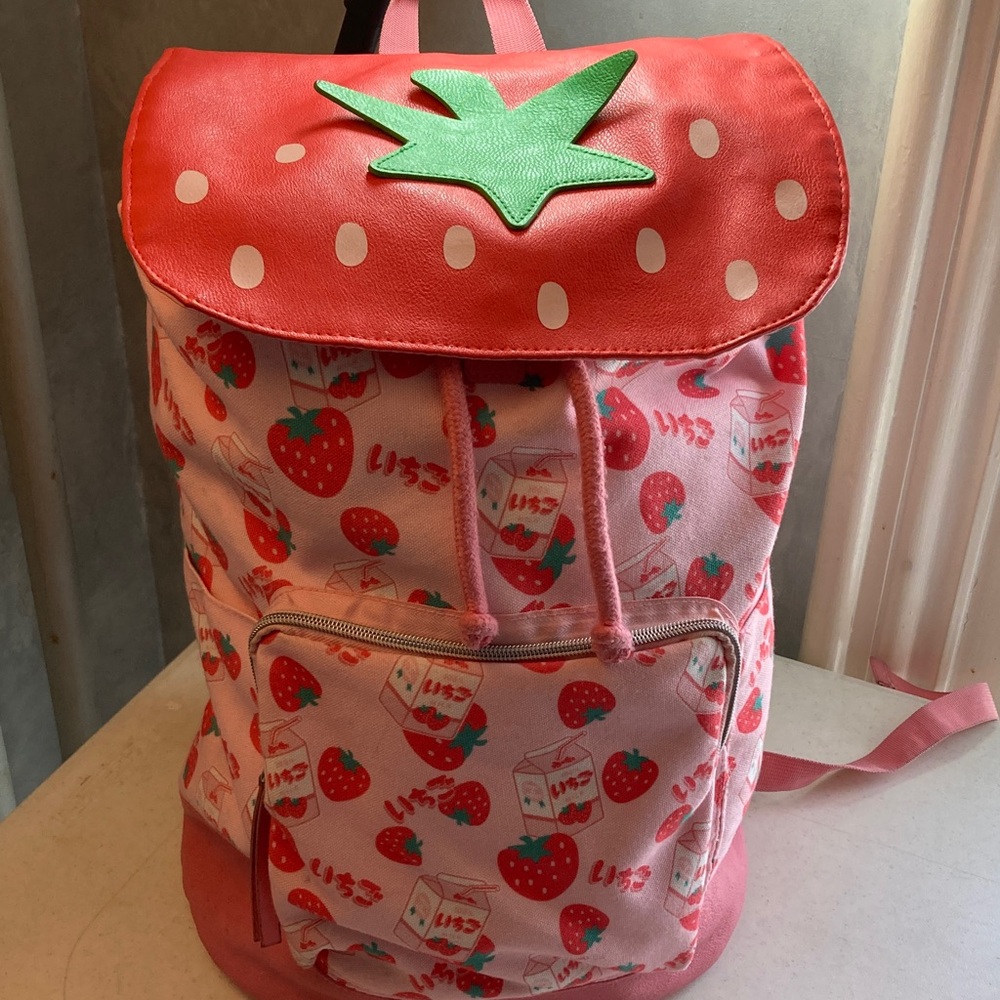 Bioworld Strawberry Milk Backpack with Green Leaf Accent